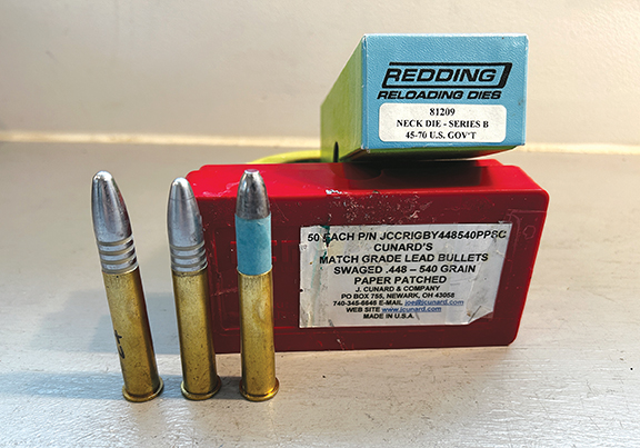 Loads No. 3 BACO bore diameter, Load No. 4 BACO Custom tapered Money Bullet, and Load No. 5 Cunard Paper Patch.